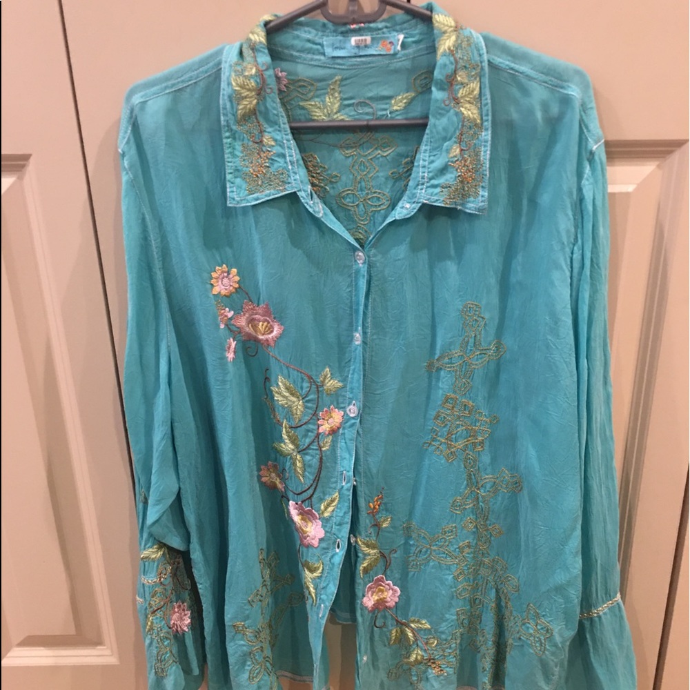 Johnny Was Turquoise Embroidered Blouse